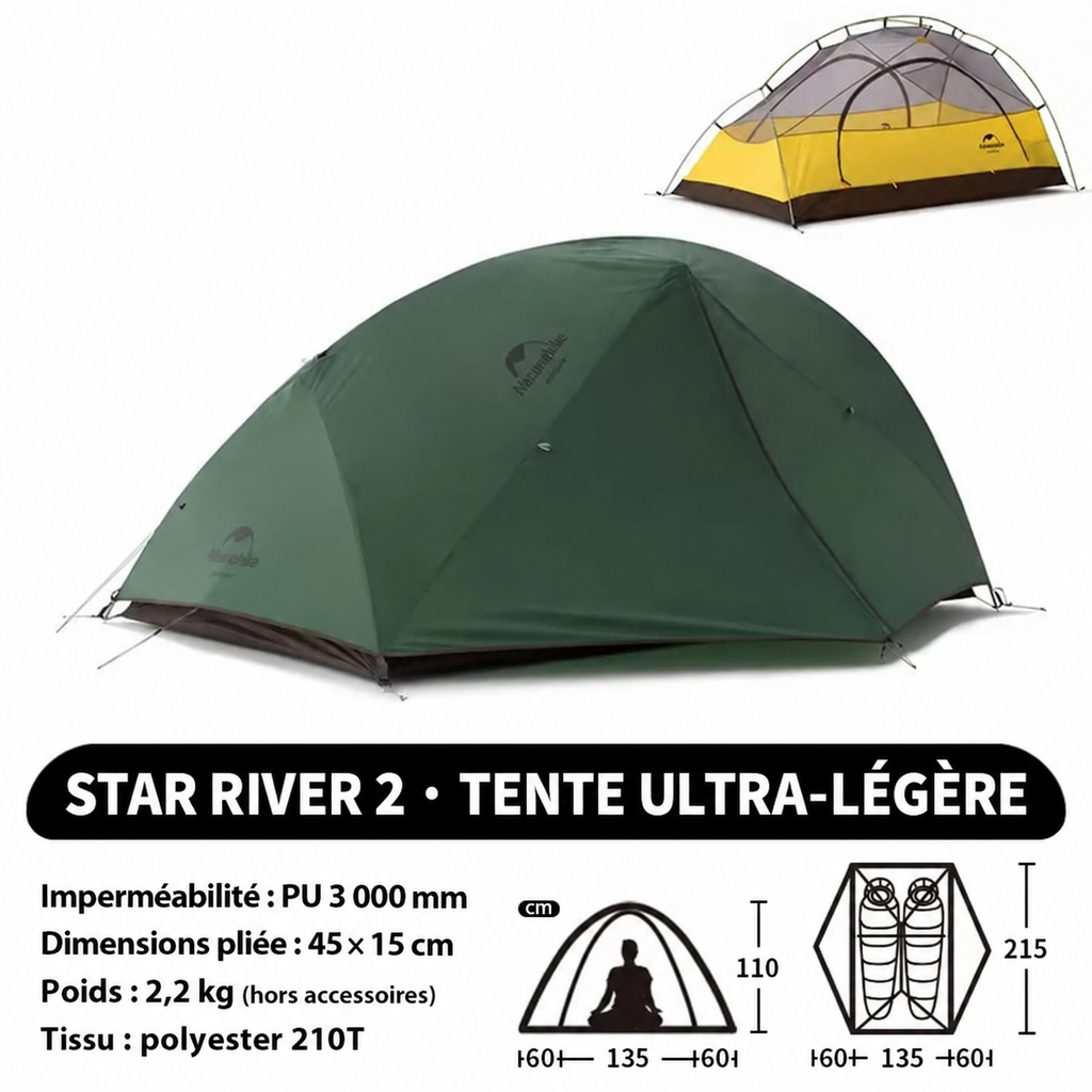 Tente Star-River 2 en polyester 210T, imperméabilité PU 3 000 mm