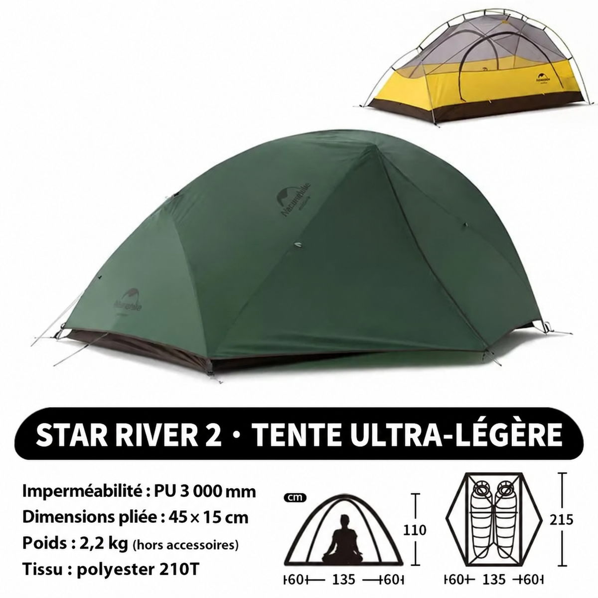 Tente Star-River 2 en polyester 210T, imperméabilité PU 3 000 mm