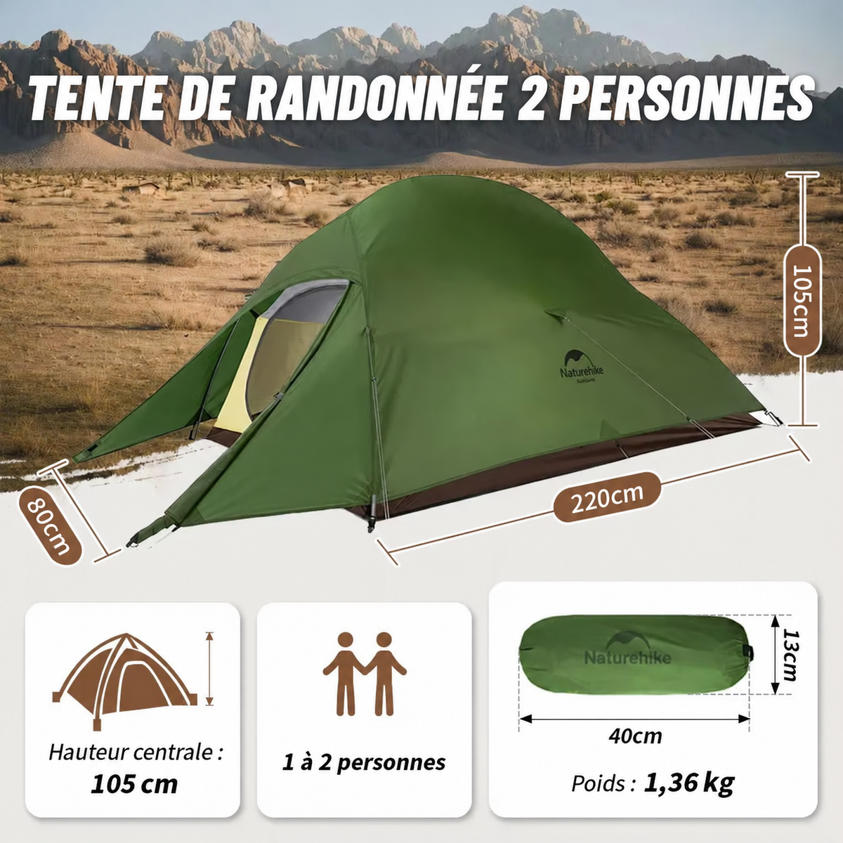 Tente de randonnée Naturehike pour 1 à 2 personnes, poids 1,36 kg