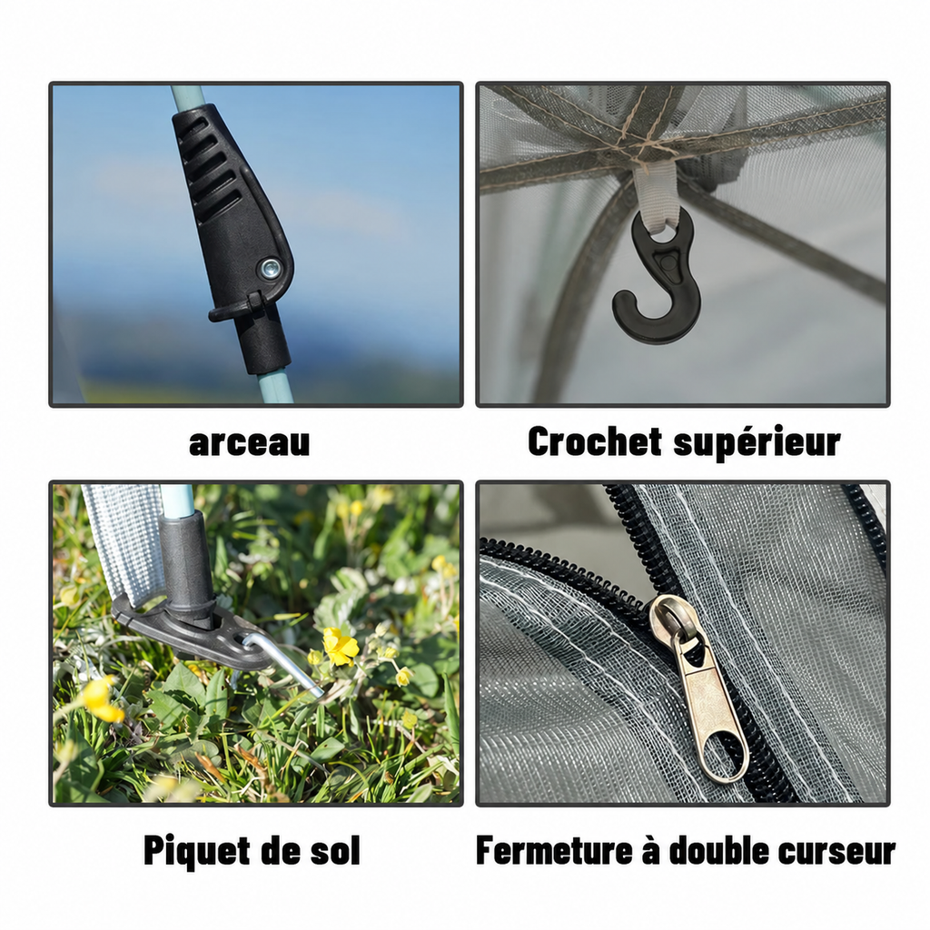 Détails de la tente : arceau, crochet supérieur, piquet de sol et fermeture à double curseur