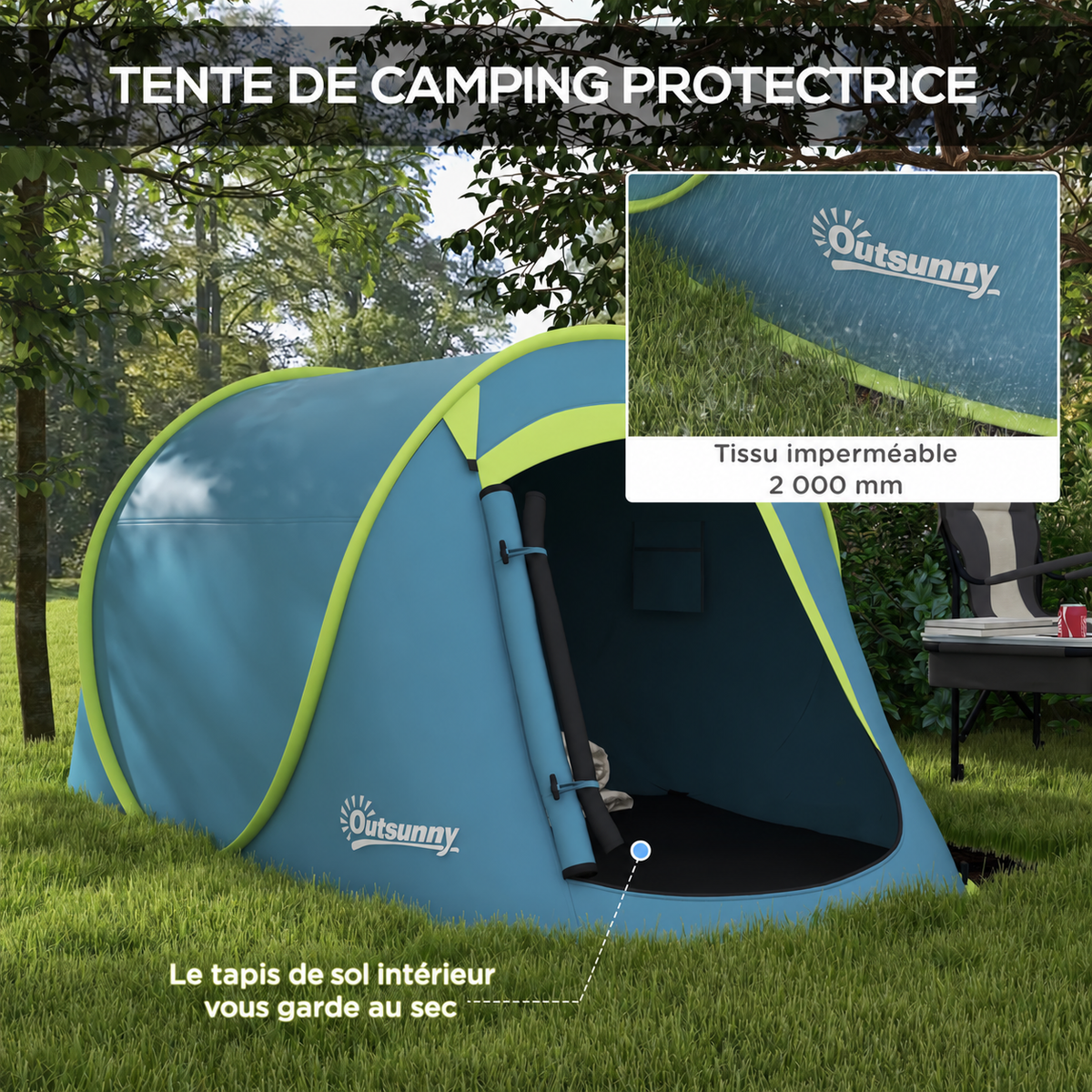 Tente de camping avec tissu imperméable à 2 000 mm et tapis de sol intérieur