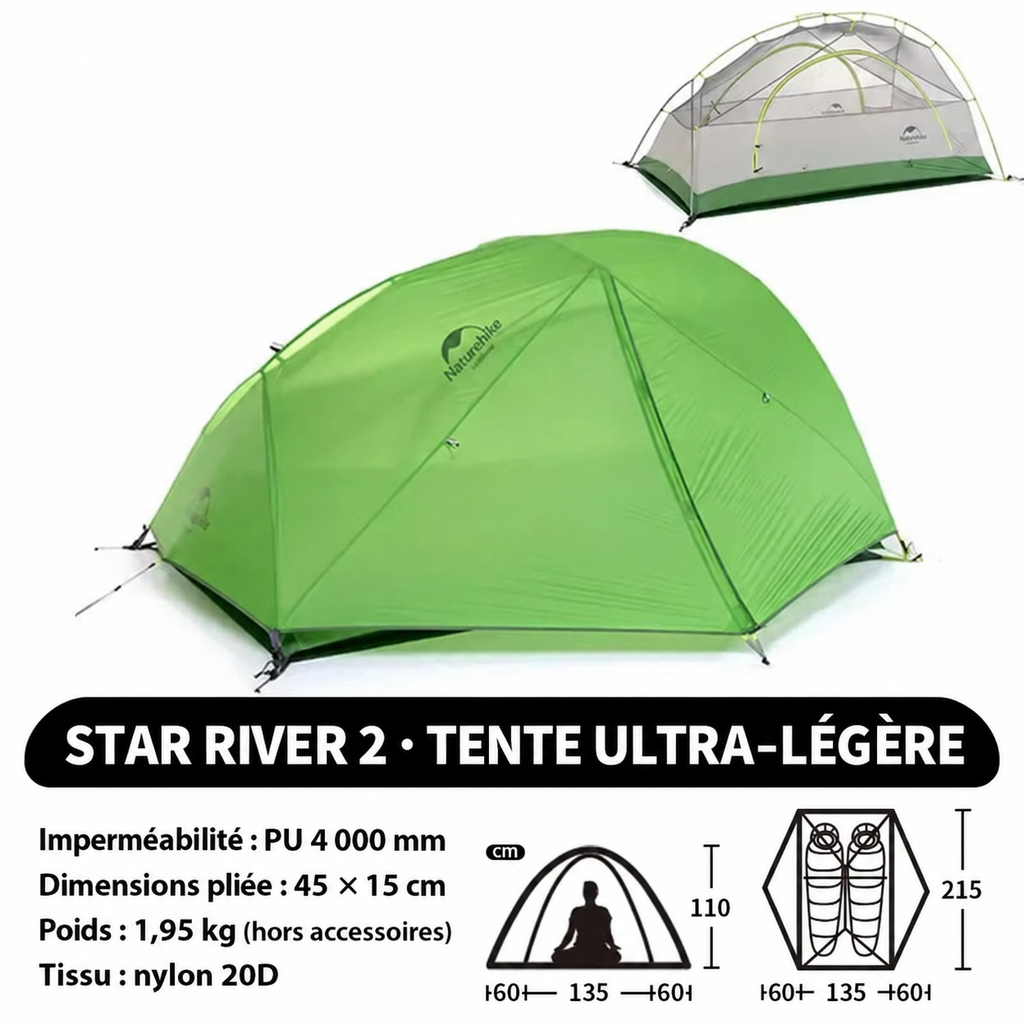Tente Star-River 2 verte en nylon 20D, imperméabilité PU 4 000 mm