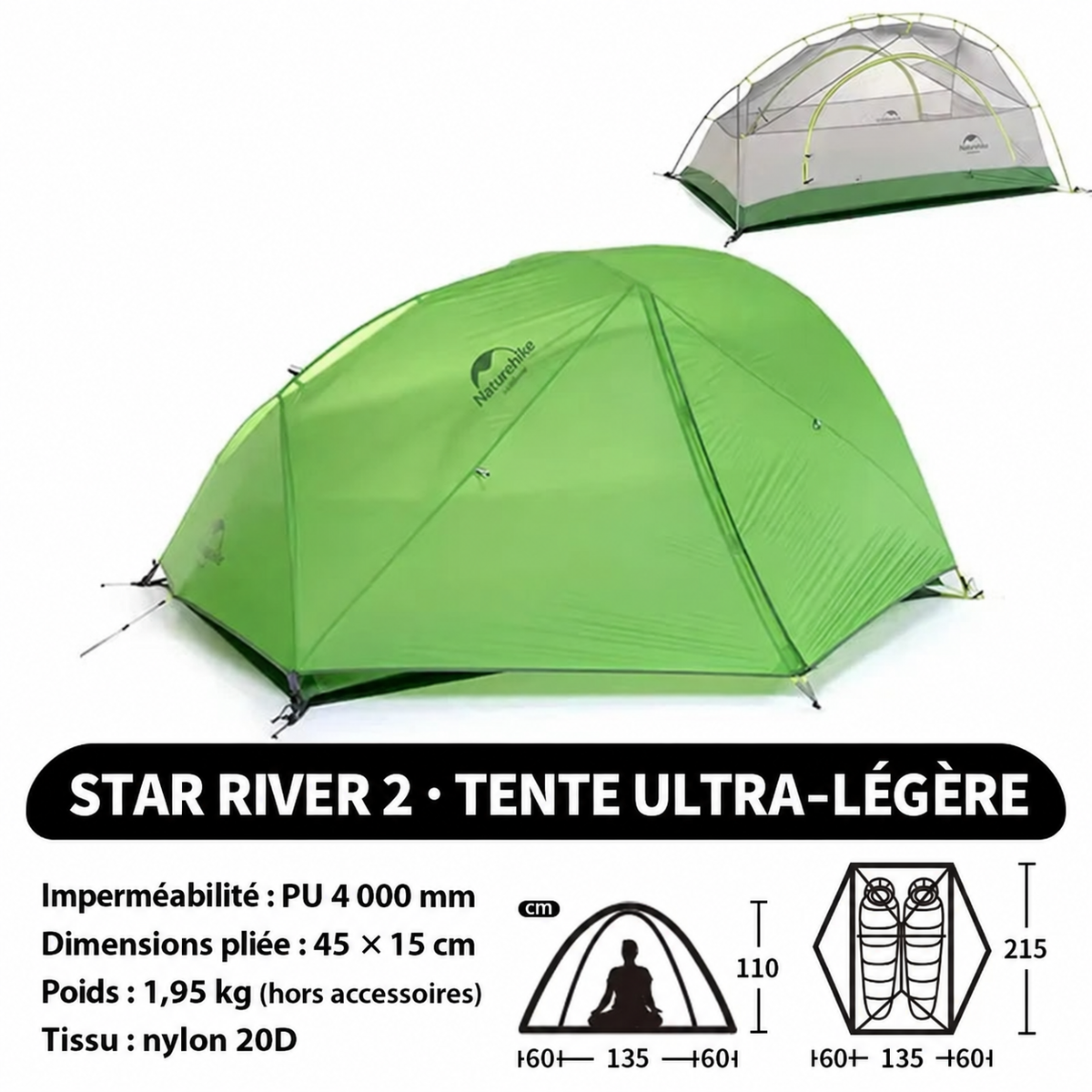 Tente Star-River 2 verte en nylon 20D, imperméabilité PU 4 000 mm