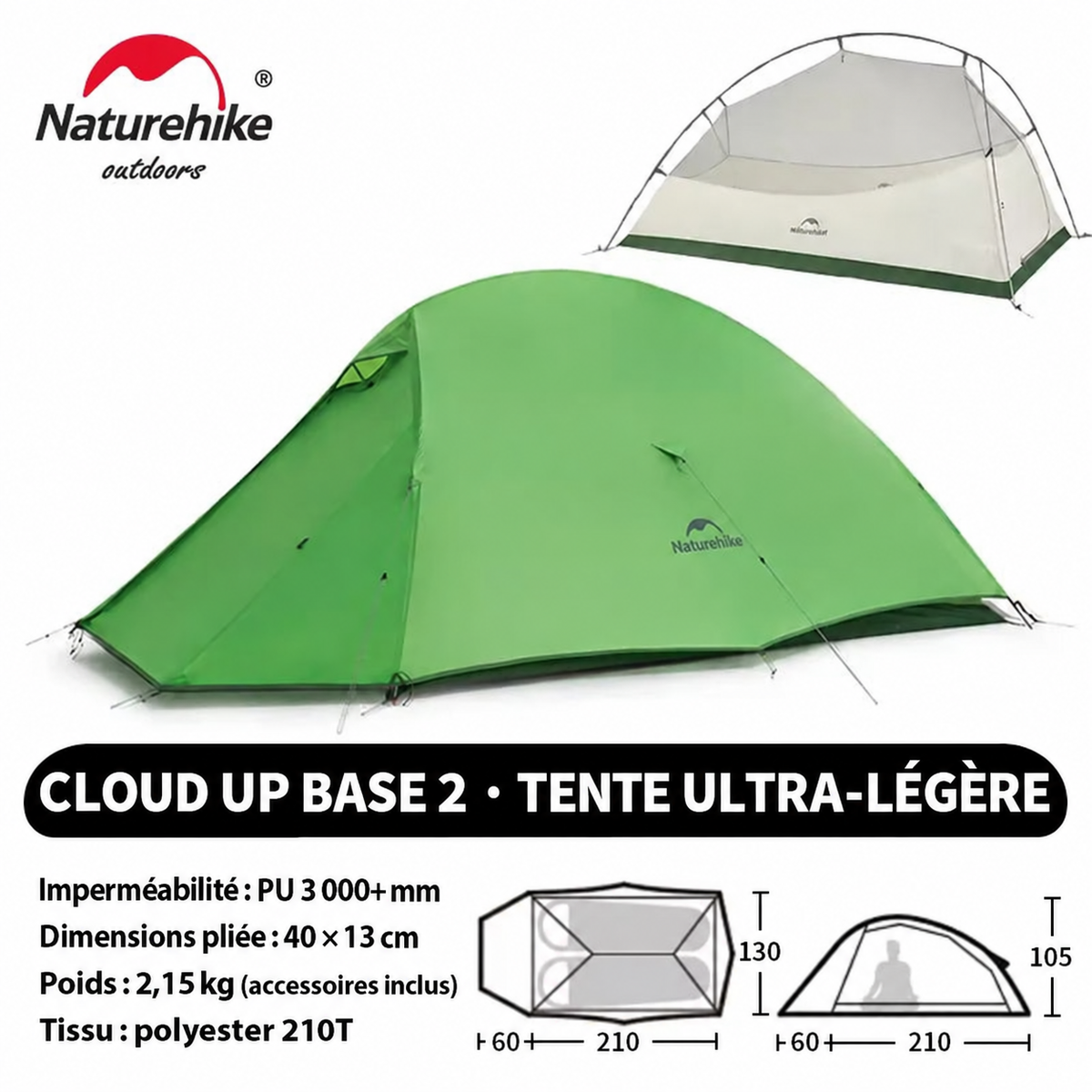 Tente Cloud Up Base 2 verte, polyester 210T, poids 2,15 kg, accessoires inclus