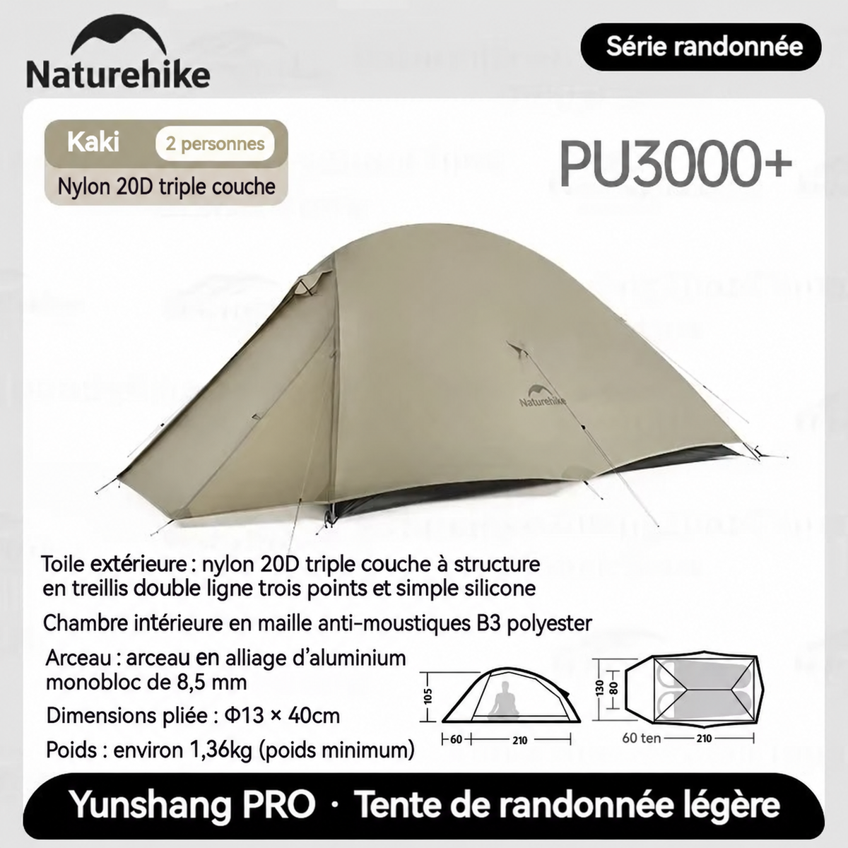 Tente Cloud Up Pro kaki, 2 personnes, imperméabilité PU 3 000+ mm