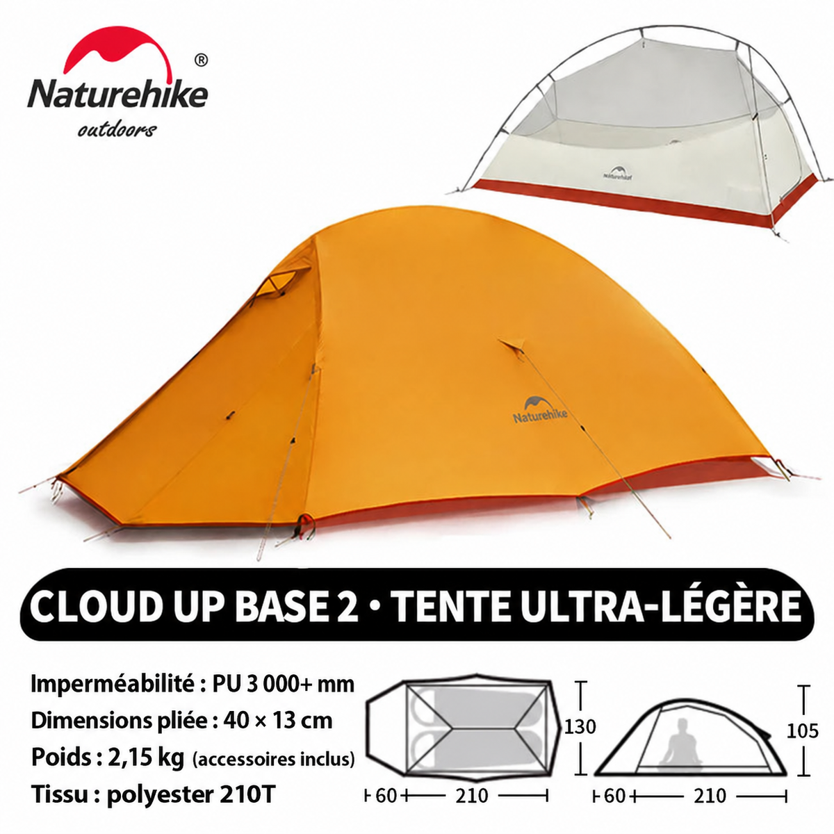 Tente Cloud Up Base 2 orange, polyester 210T, poids 2,15 kg, accessoires inclus