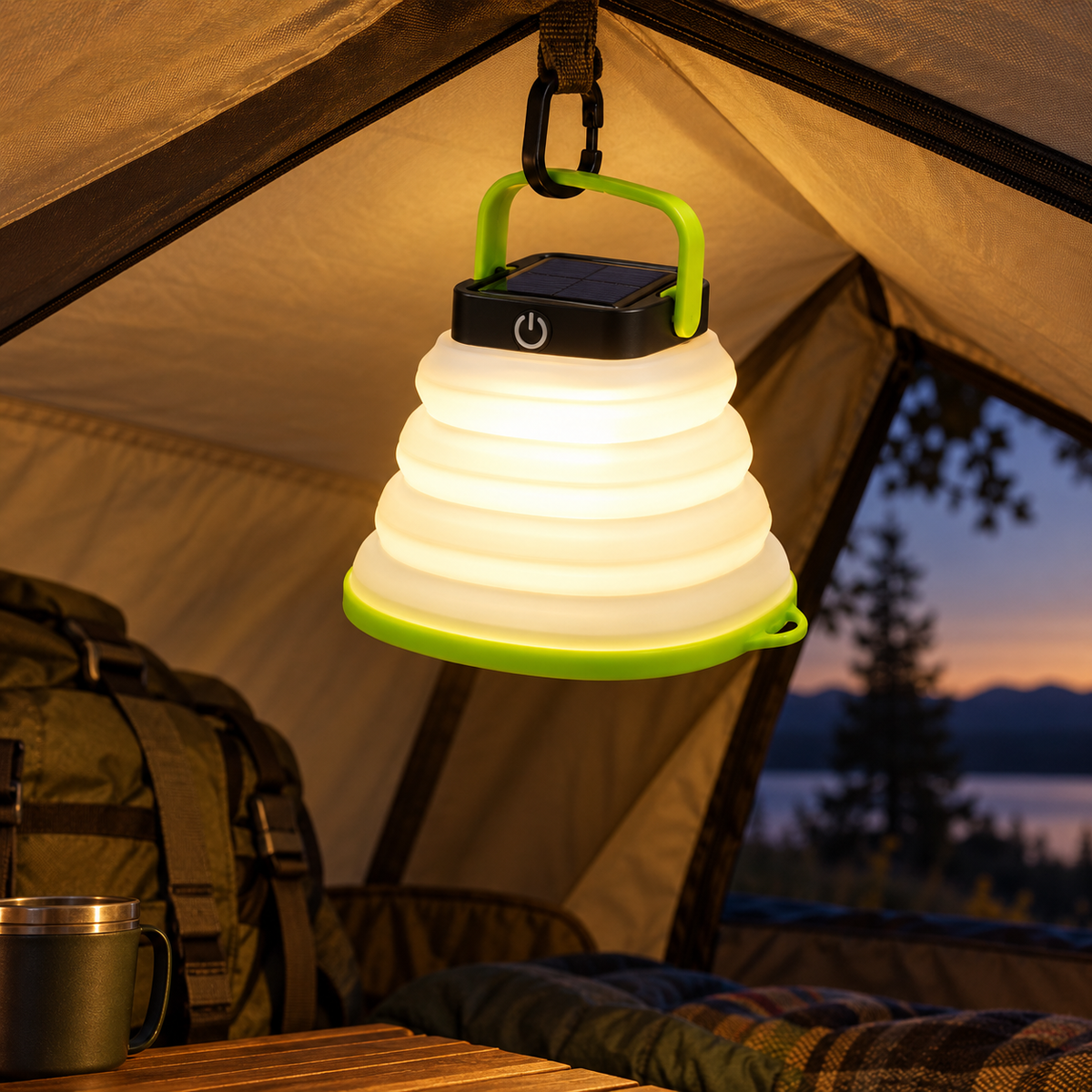 Lampe solaire suspendue dans une tente