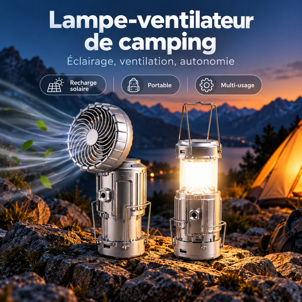Lampe ventilateur de camping multifonction