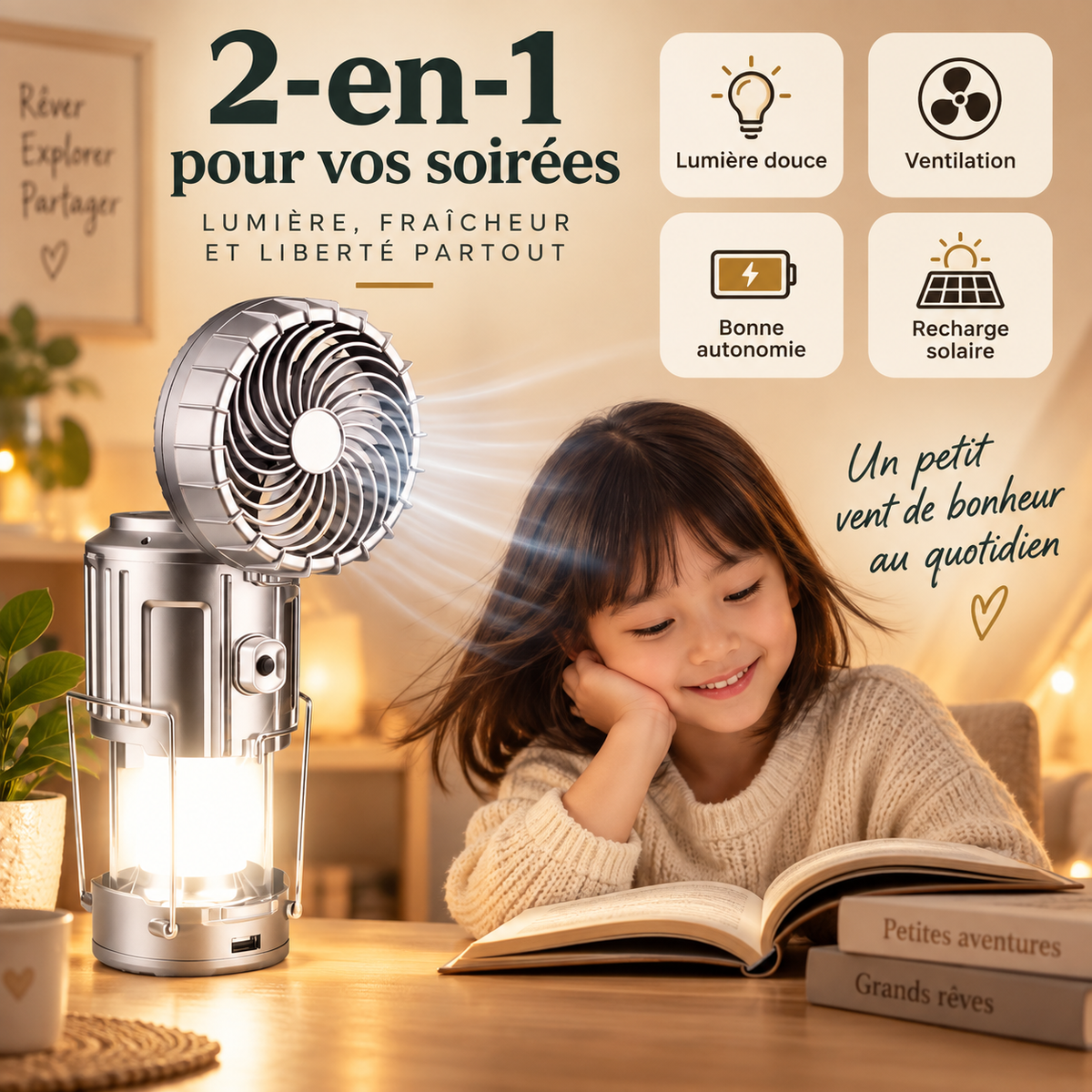 Lampe ventilateur 2-en-1 pour éclairage et ventilation