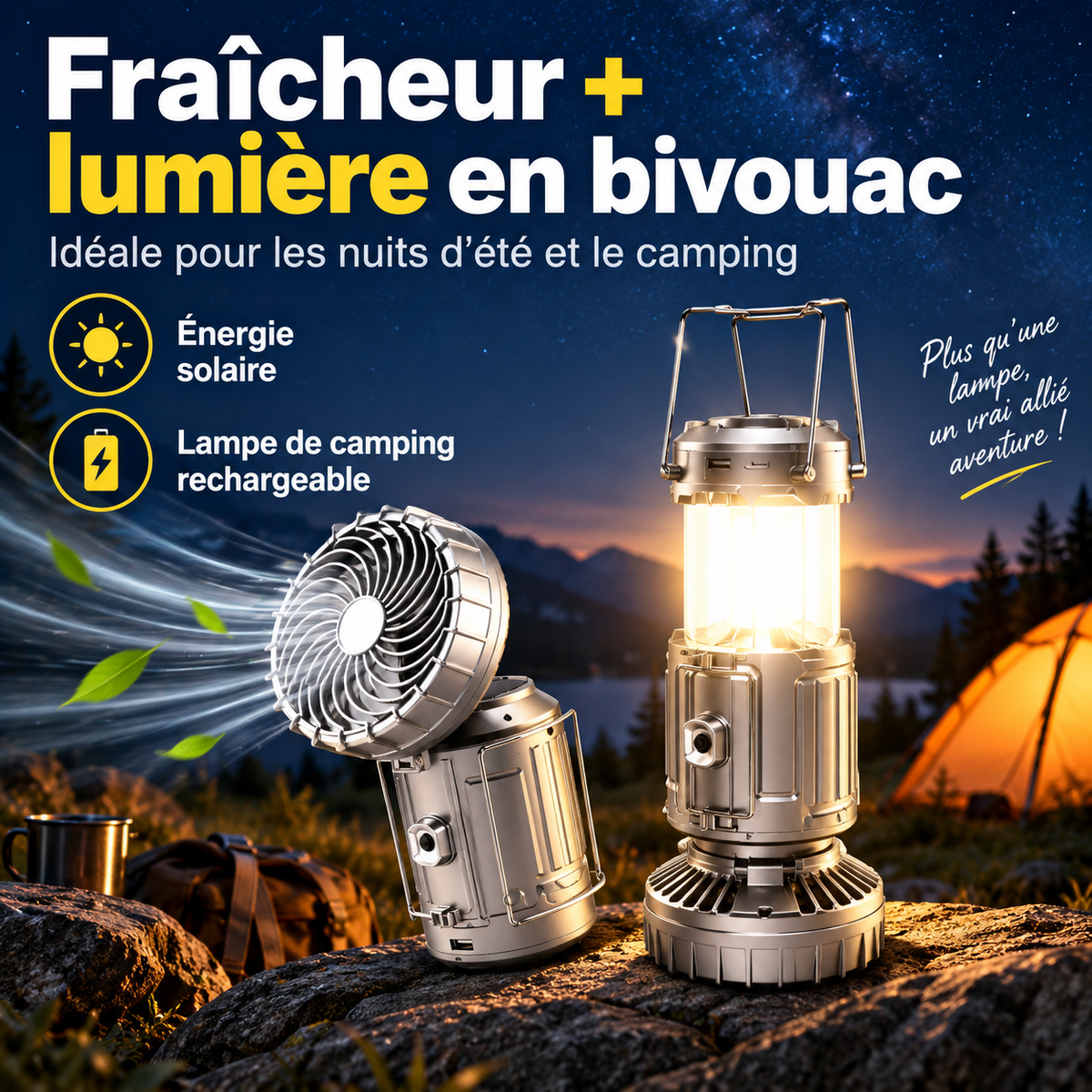 Lampe rechargeable et ventilateur pour bivouac