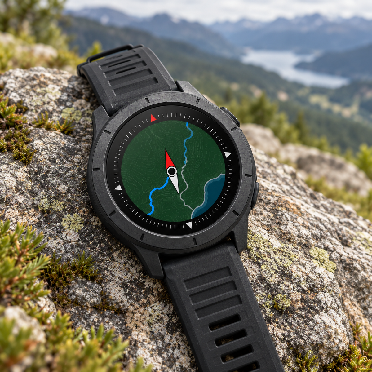 Gros plan de la montre GPS outdoor sur un rocher avec affichage boussole