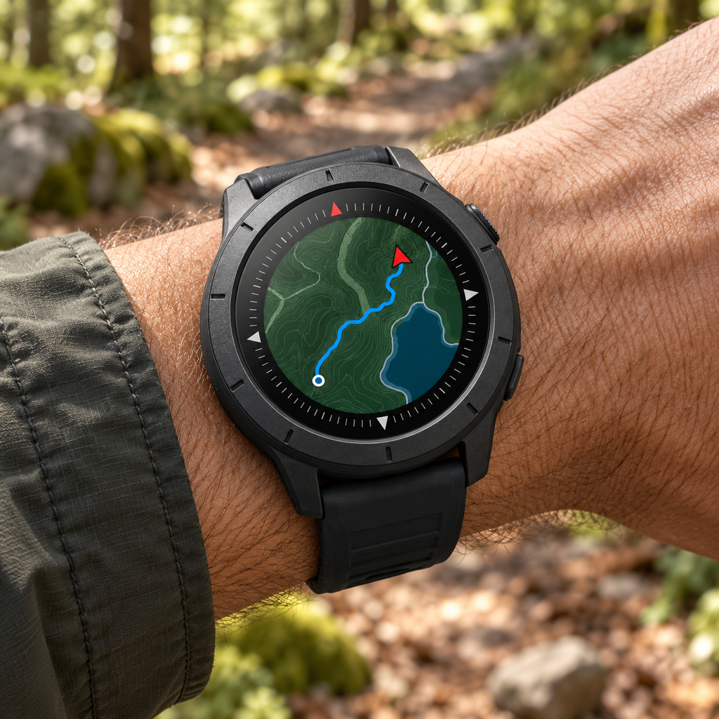 Montre GPS outdoor portée en randonnée sur un sentier forestier