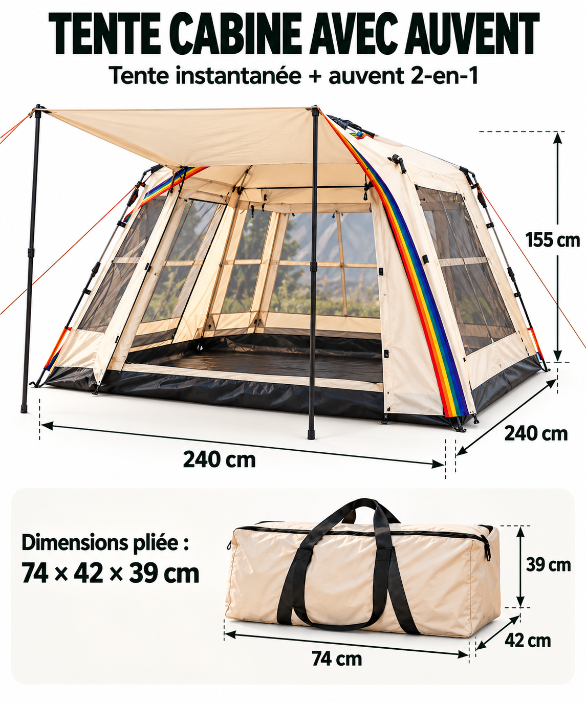 Tente cabine avec auvent et dimensions