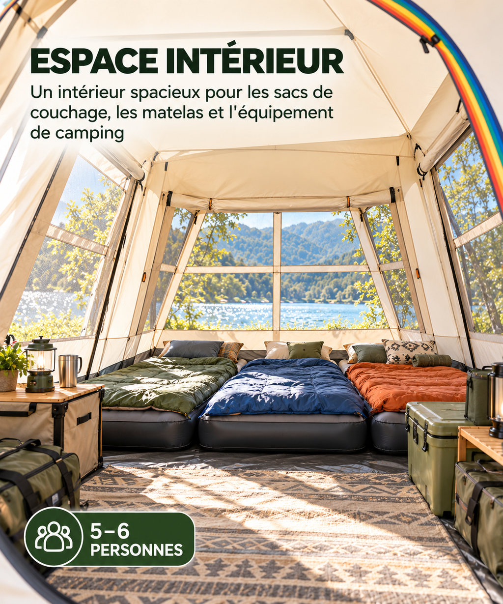 Espace intérieur de la tente cabine pour 5 à 6 personnes
