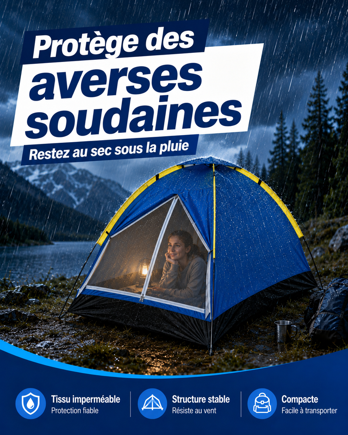 Tente de camping protégée contre les averses