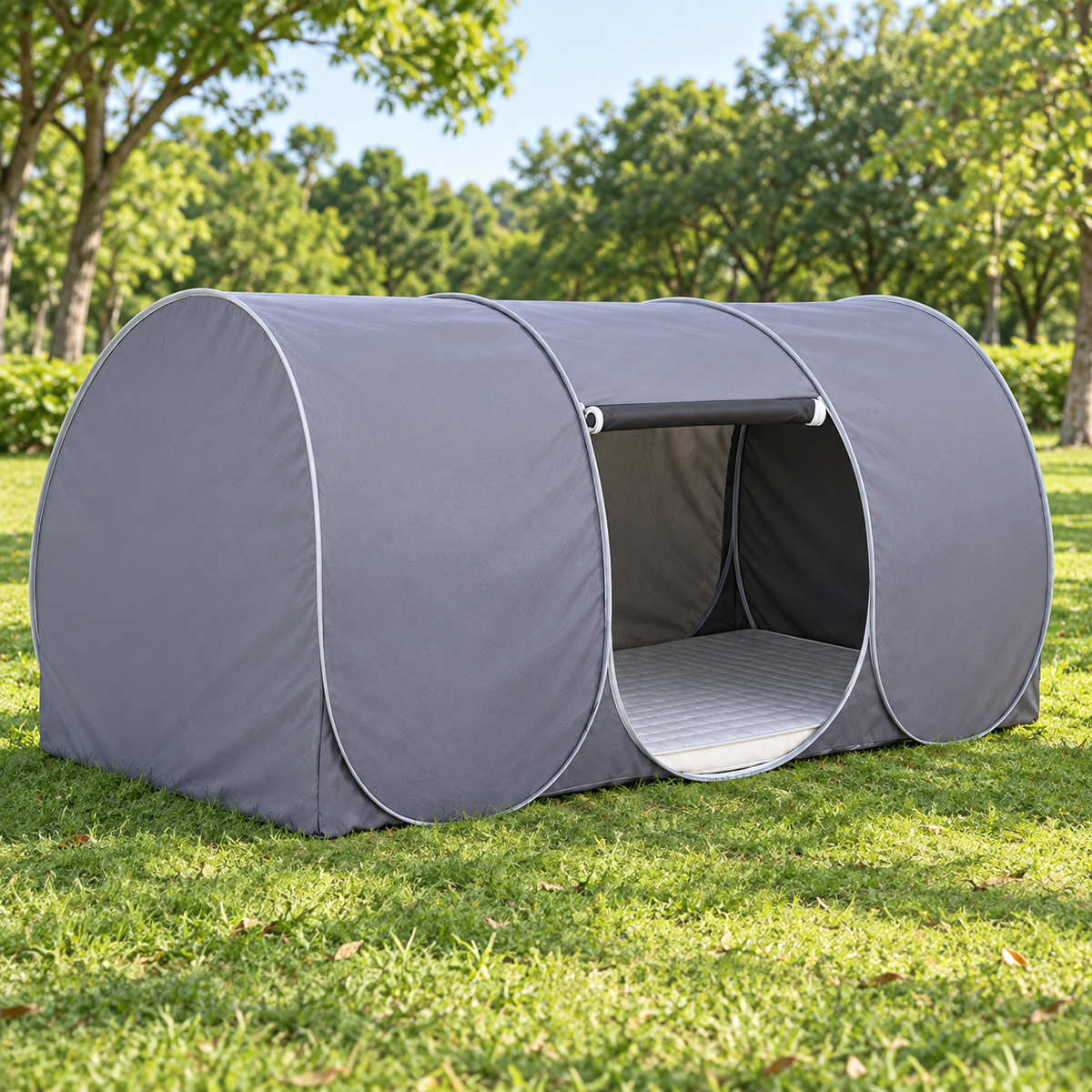 Tente lit pop-up grise en extérieur