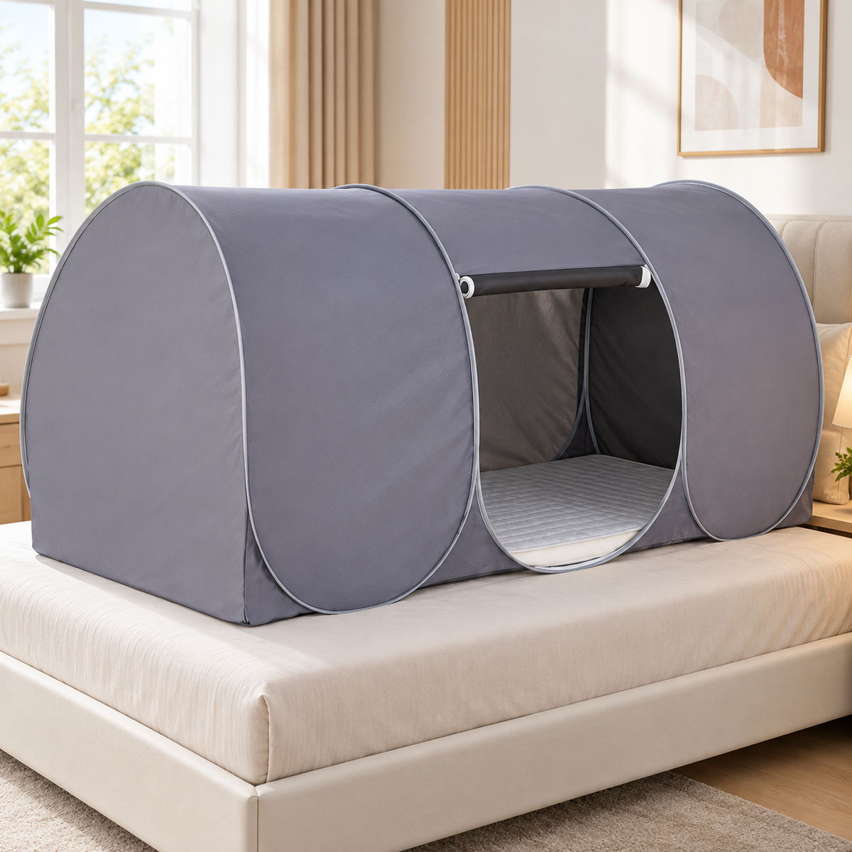 Tente lit pop-up grise sur un lit